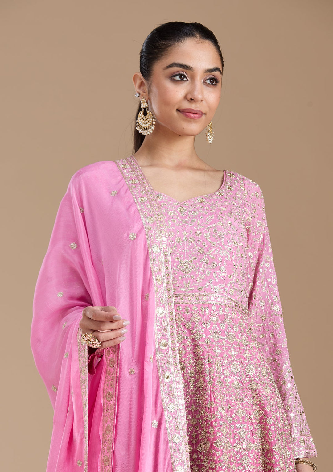 Pink Zariwork (Gold) Crepe Readymade Salwar Suit-koskii