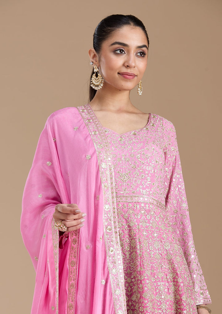 Pink Zariwork (Gold) Crepe Readymade Salwar Suit-koskii