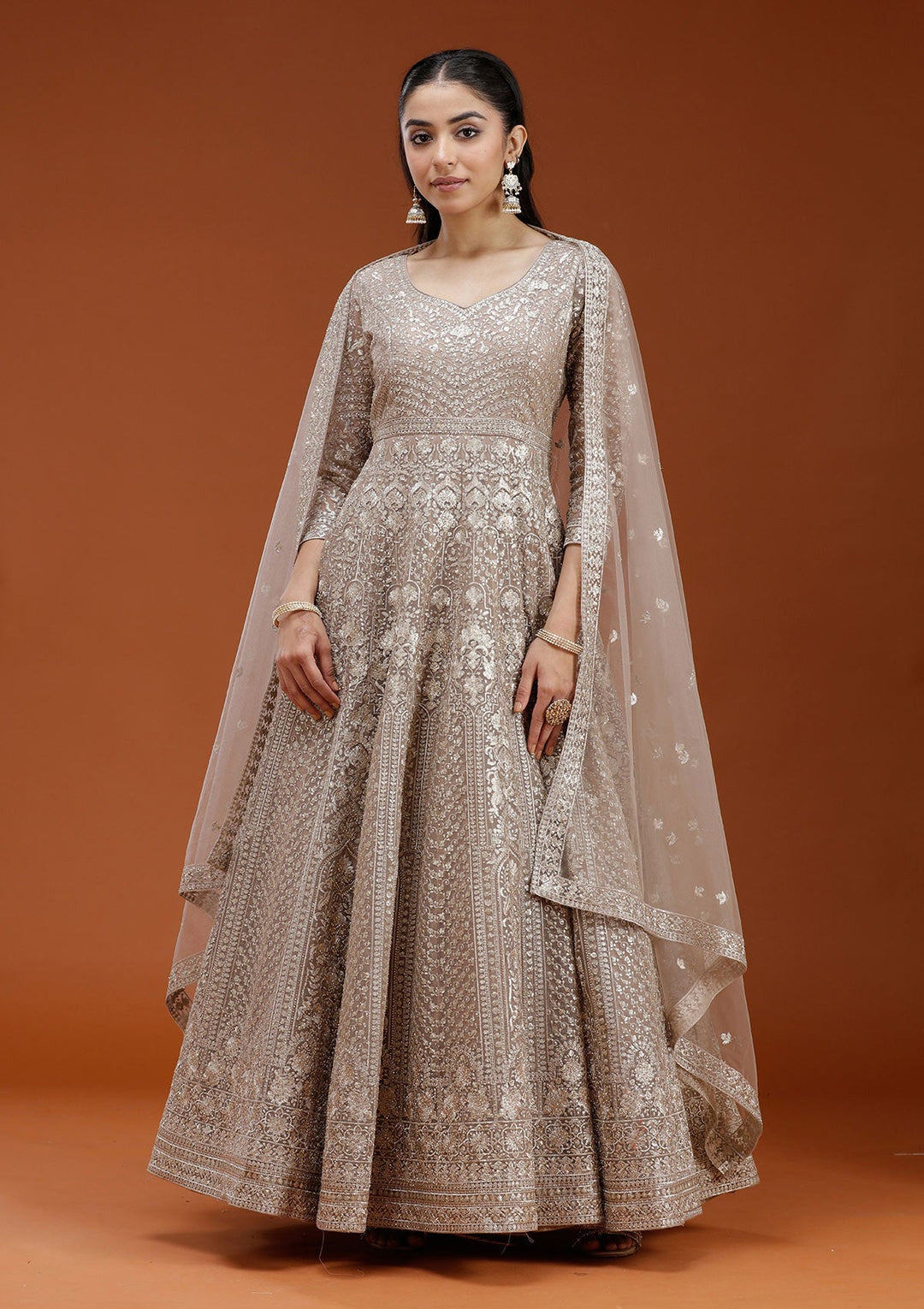 Beige Zardozi (Gold) Net Readymade Salwar Suit_koskii