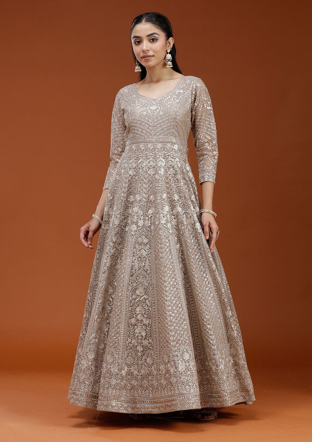 Beige Zardozi (Gold) Net Readymade Salwar Suit_koskii