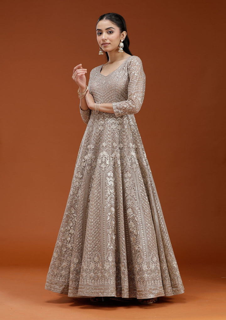 Beige Zardozi (Gold) Net Readymade Salwar Suit_koskii