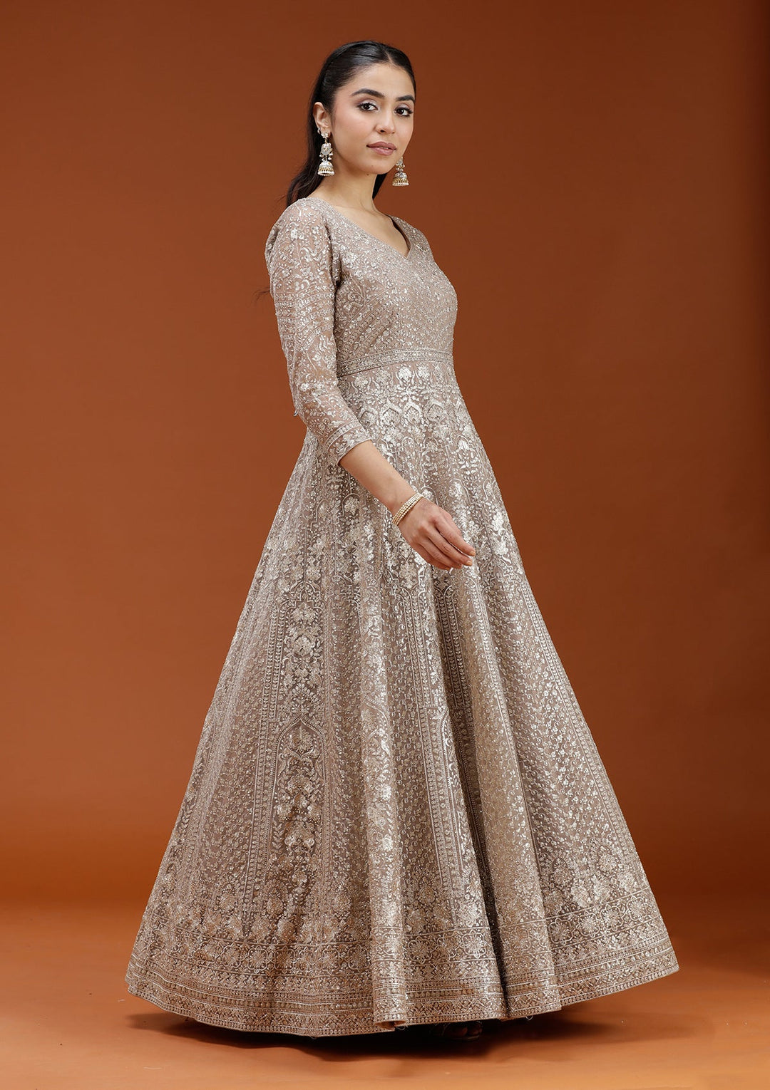Beige Zardozi (Gold) Net Readymade Salwar Suit_koskii