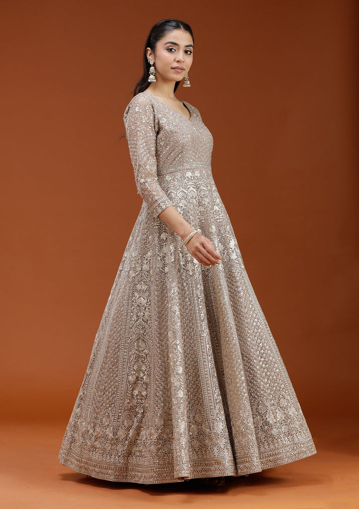 Beige Zardozi (Gold) Net Readymade Salwar Suit_koskii