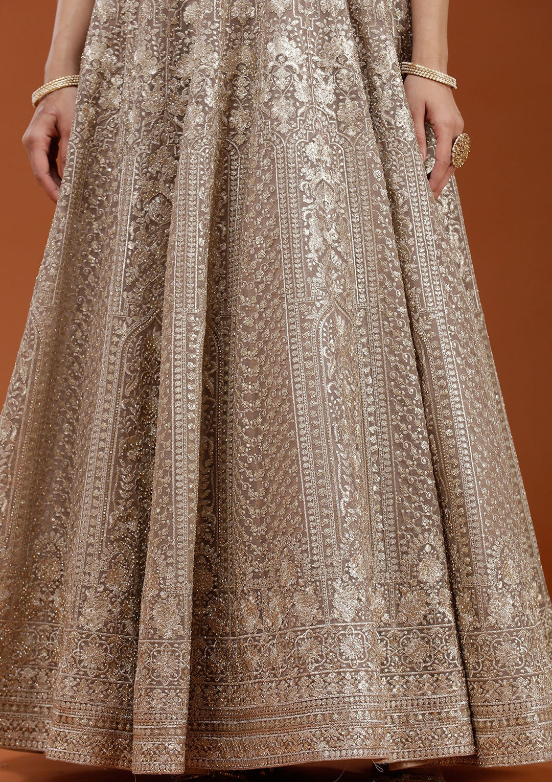 Beige Zardozi (Gold) Net Readymade Salwar Suit_koskii
