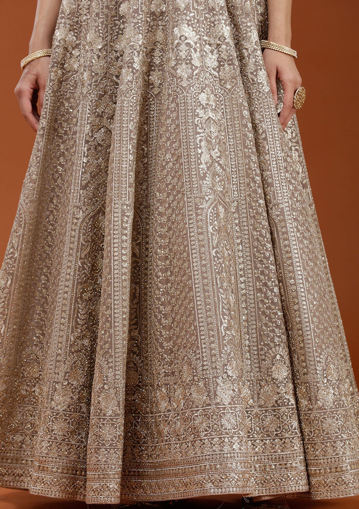 Beige Zardozi (Gold) Net Readymade Salwar Suit_koskii