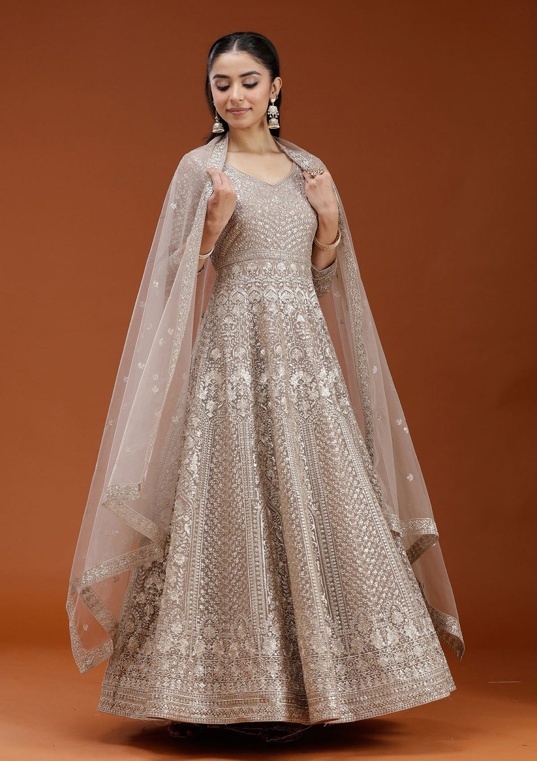 Beige Zardozi (Gold) Net Readymade Salwar Suit_koskii