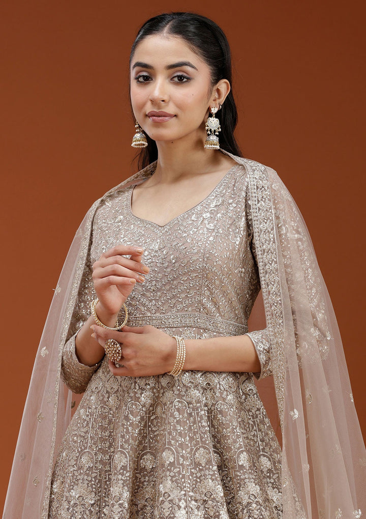 Beige Zardozi (Gold) Net Readymade Salwar Suit_koskii