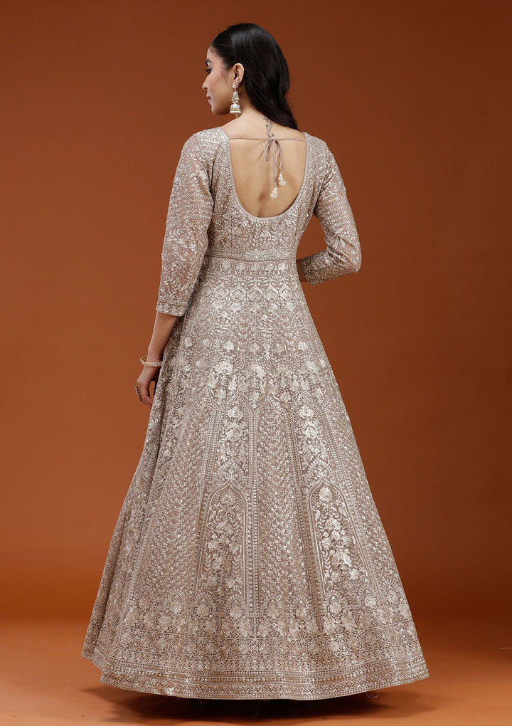 Beige Zardozi (Gold) Net Readymade Salwar Suit_koskii