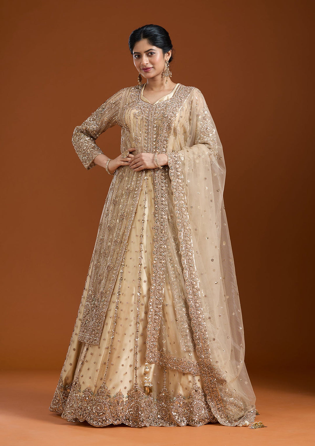 Beige Sequins Net Readymade Salwar Suit-Koskii