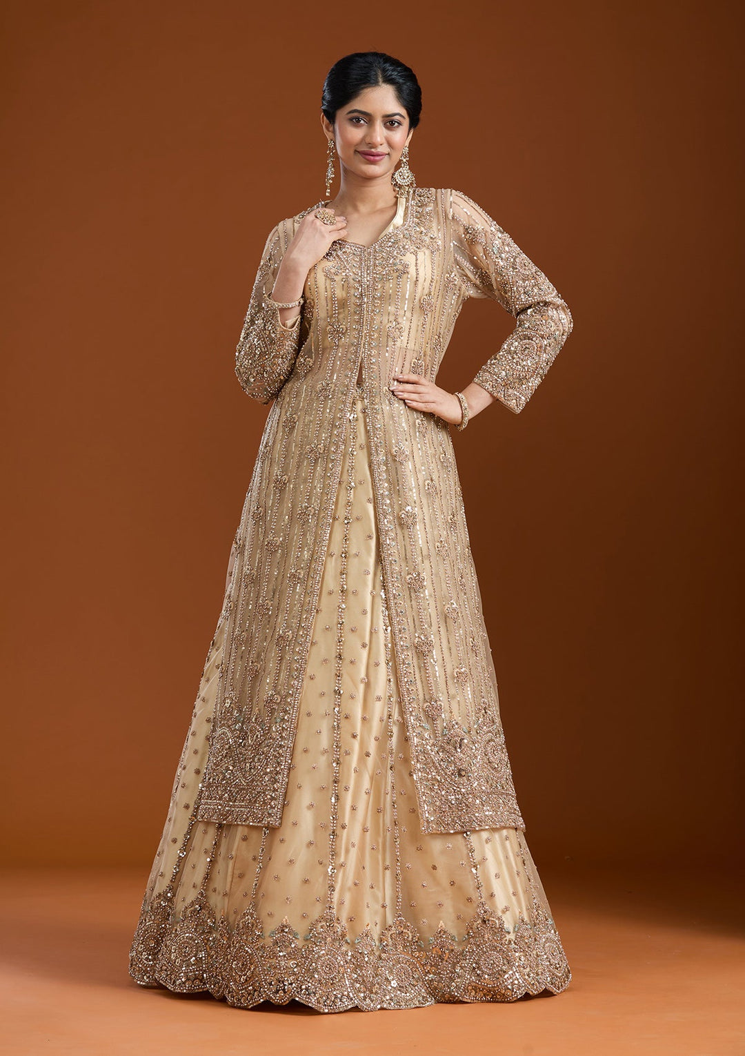 Beige Sequins Net Readymade Salwar Suit-Koskii