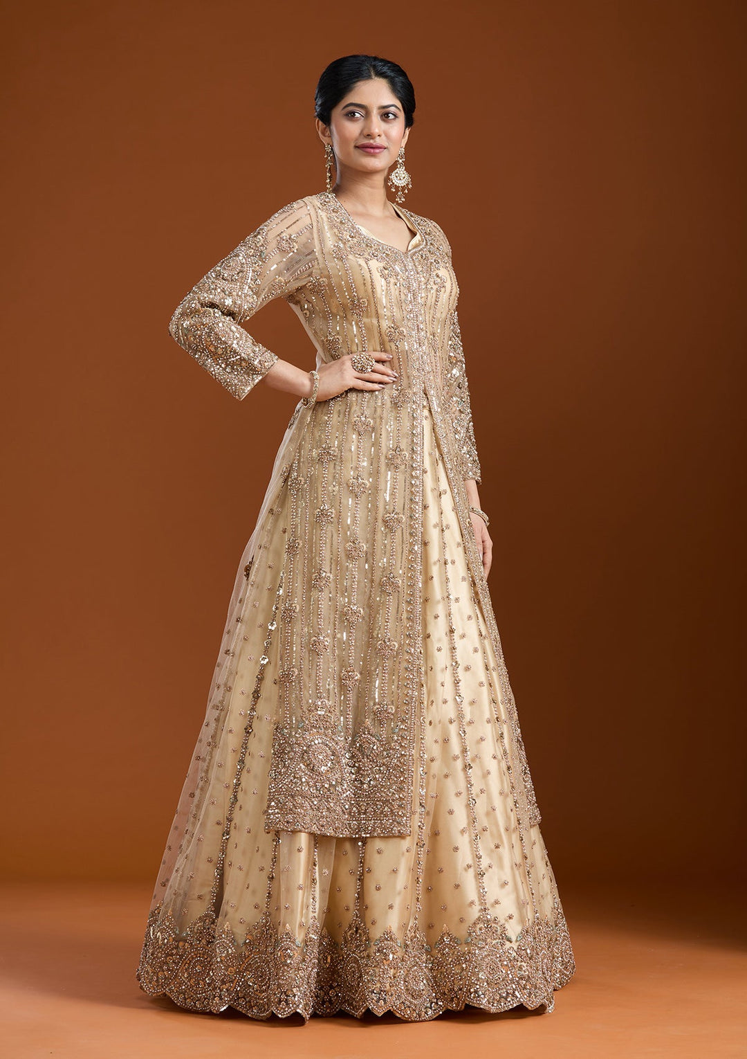 Beige Sequins Net Readymade Salwar Suit-Koskii