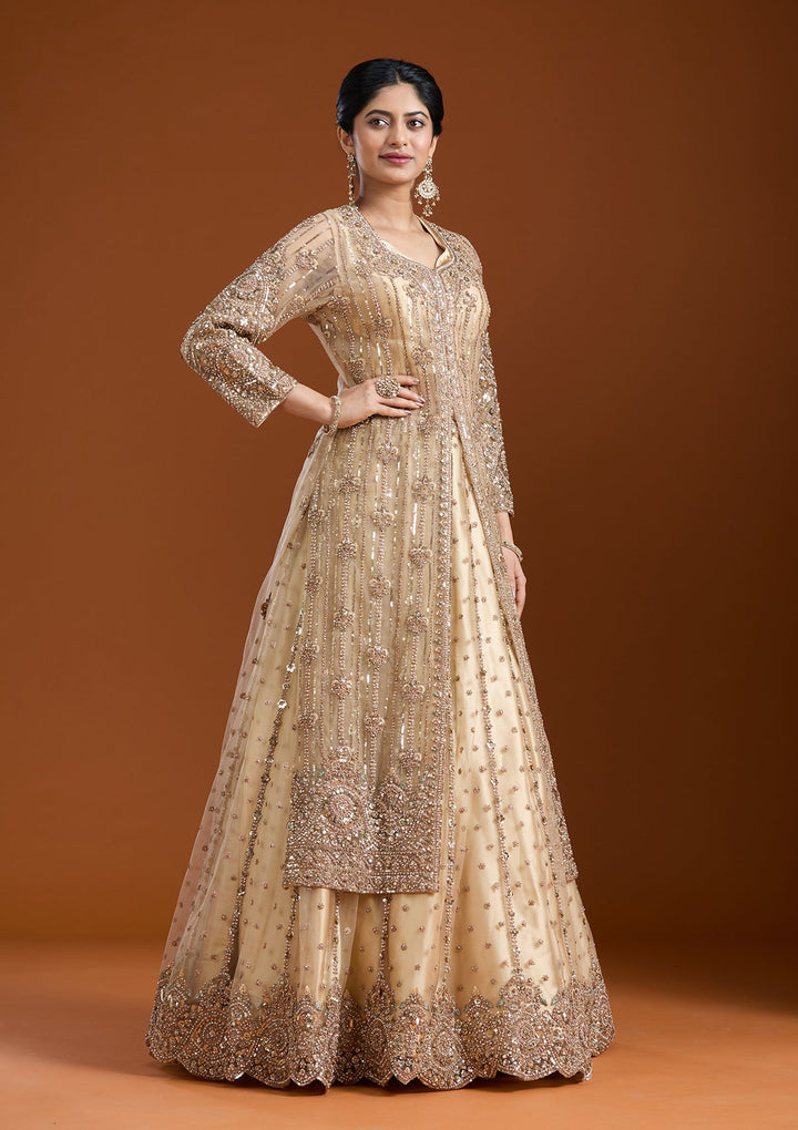 Beige Sequins Net Readymade Salwar Suit-Koskii