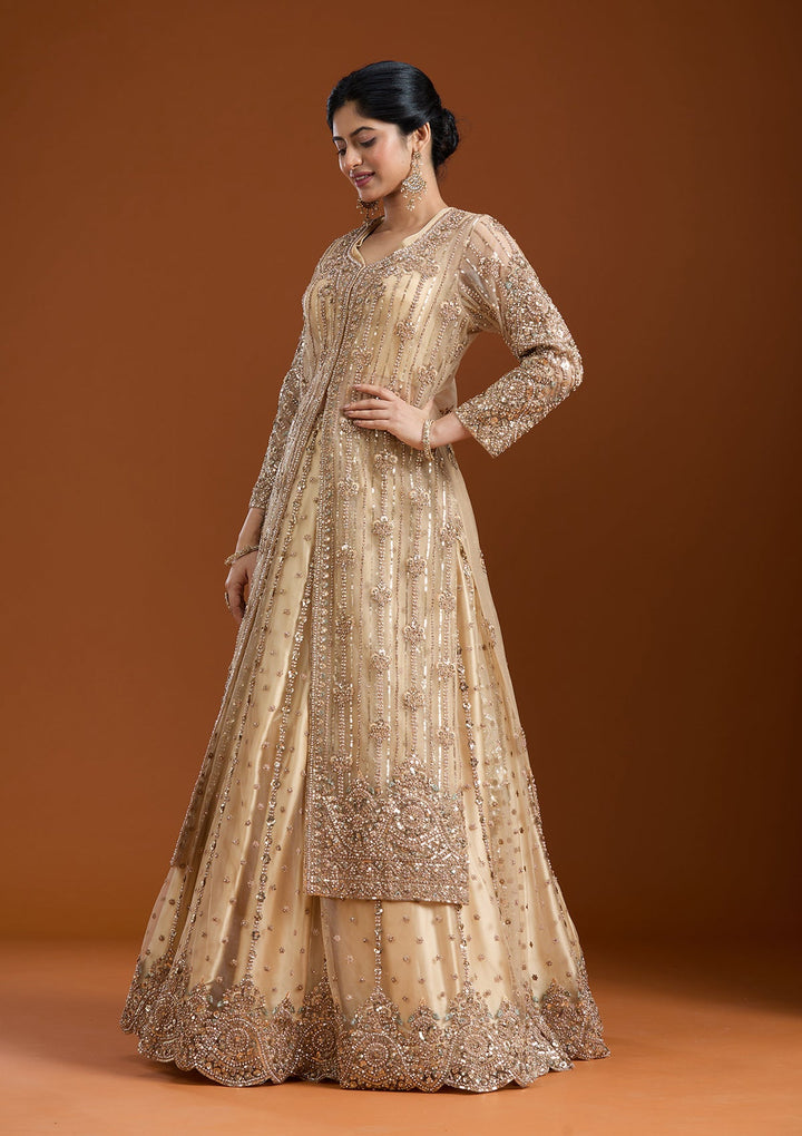 Beige Sequins Net Readymade Salwar Suit-Koskii