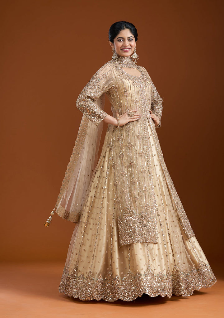Beige Sequins Net Readymade Salwar Suit-Koskii