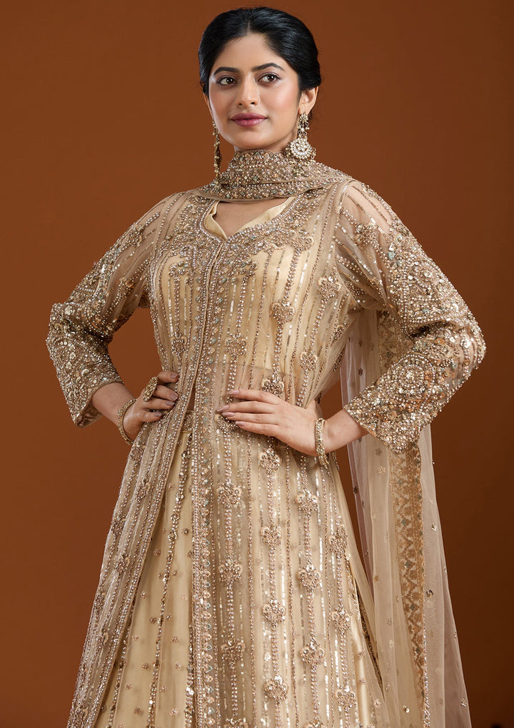 Beige Sequins Net Readymade Salwar Suit-Koskii