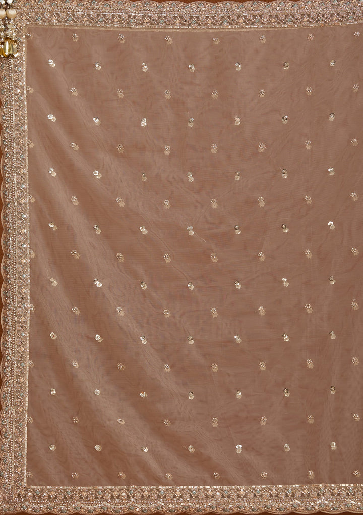 Beige Sequins Net Readymade Salwar Suit-Koskii