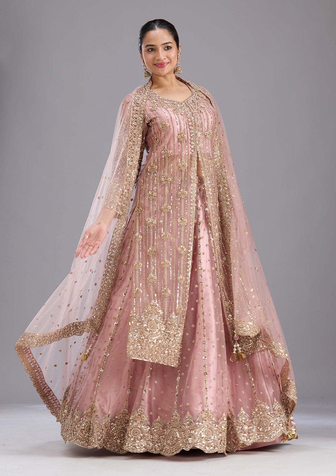 Onion Pink Sequins Net Readymade Salwar Suit-koskii