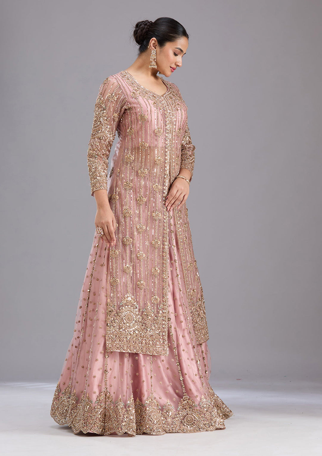 Onion Pink Sequins Net Readymade Salwar Suit-koskii