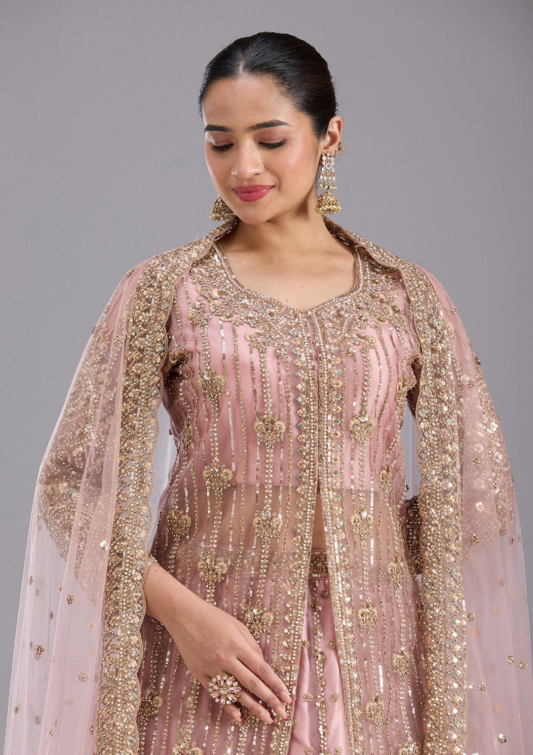 Onion Pink Sequins Net Readymade Salwar Suit-koskii
