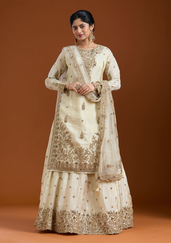 Off White Zariwork (Gold) Raw Silk Readymade Salwar Suit-Koskii