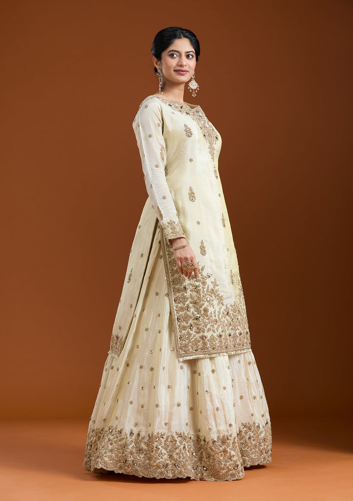 Off White Zariwork (Gold) Raw Silk Readymade Salwar Suit-Koskii