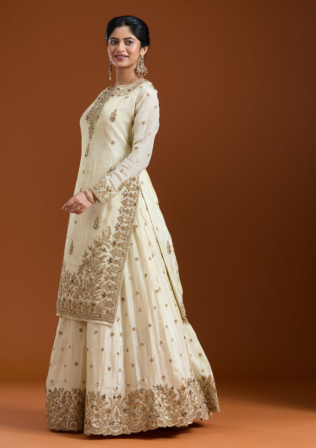 Off White Zariwork (Gold) Raw Silk Readymade Salwar Suit-Koskii