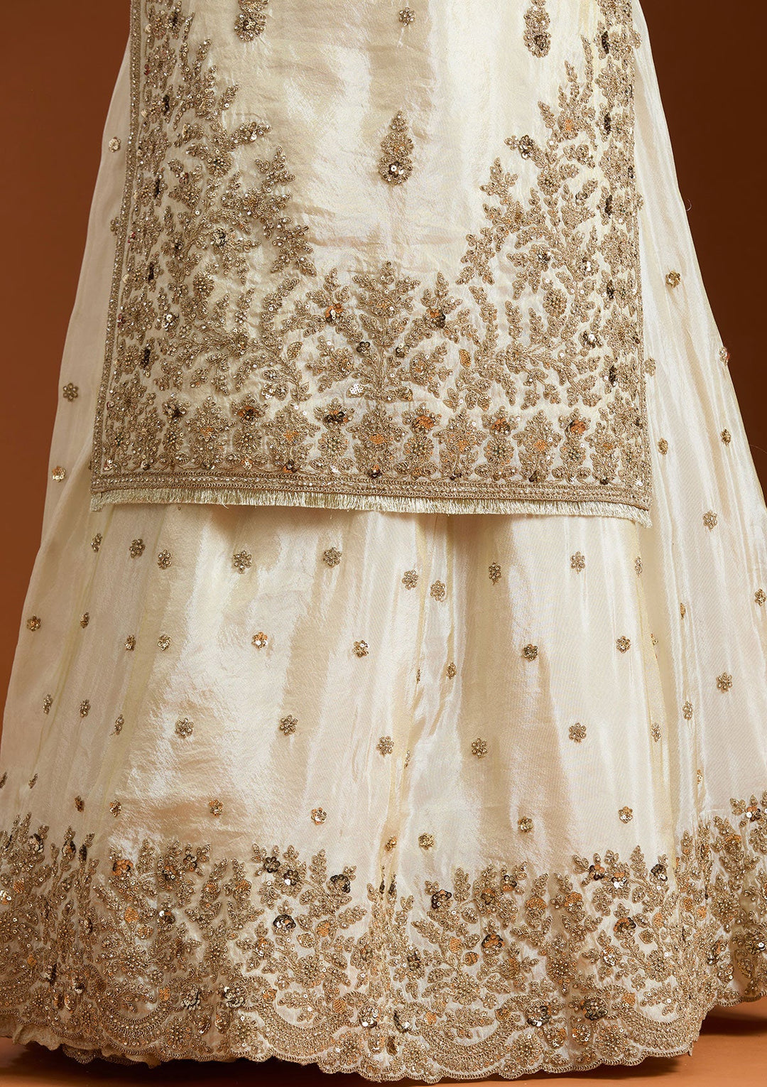 Off White Zariwork (Gold) Raw Silk Readymade Salwar Suit-Koskii