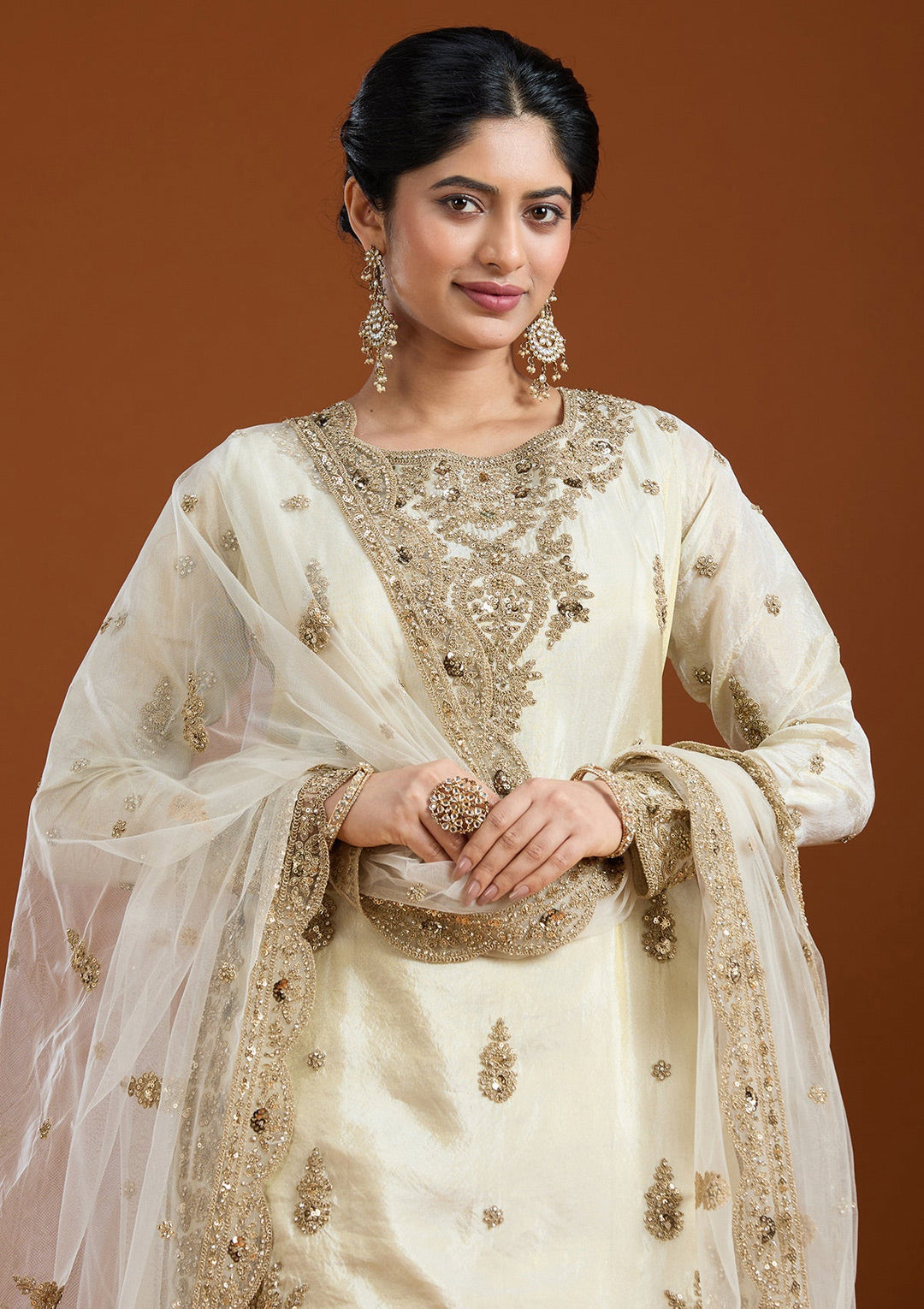 Off White Zariwork (Gold) Raw Silk Readymade Salwar Suit-Koskii