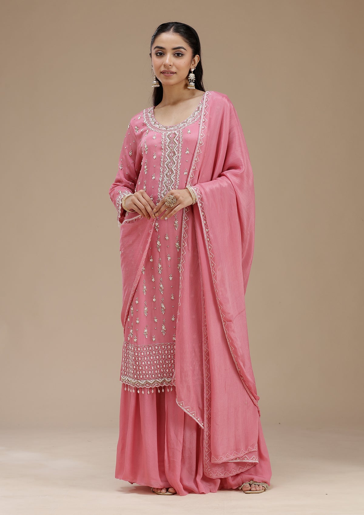 Pink Cutdana Crepe Readymade Salwar Suit_koskii