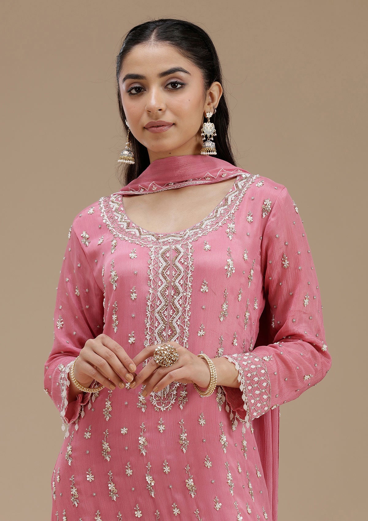Pink Cutdana Crepe Readymade Salwar Suit_koskii