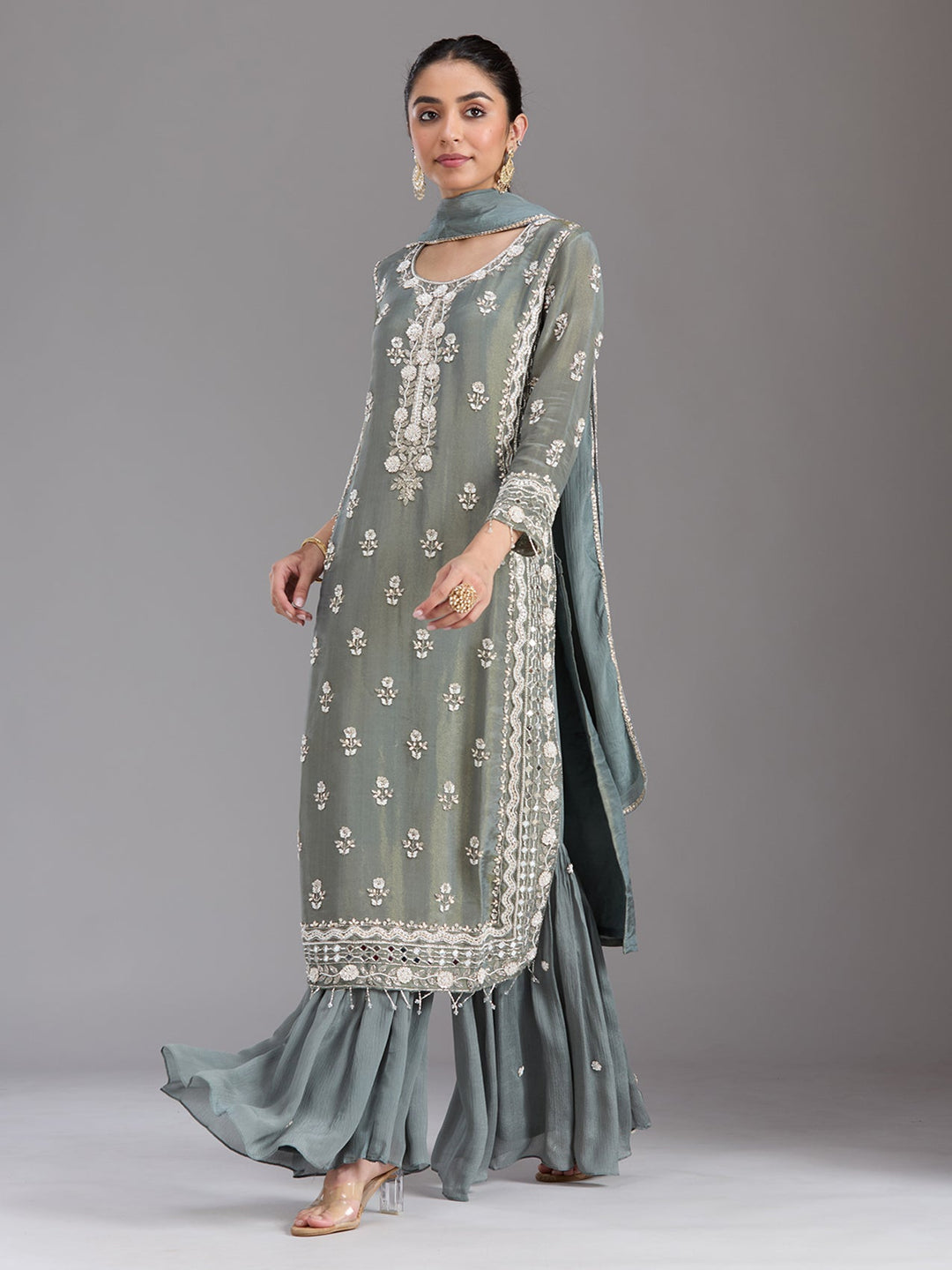 Mehandi Green Cutdana Tissue Readymade Salwar Suit