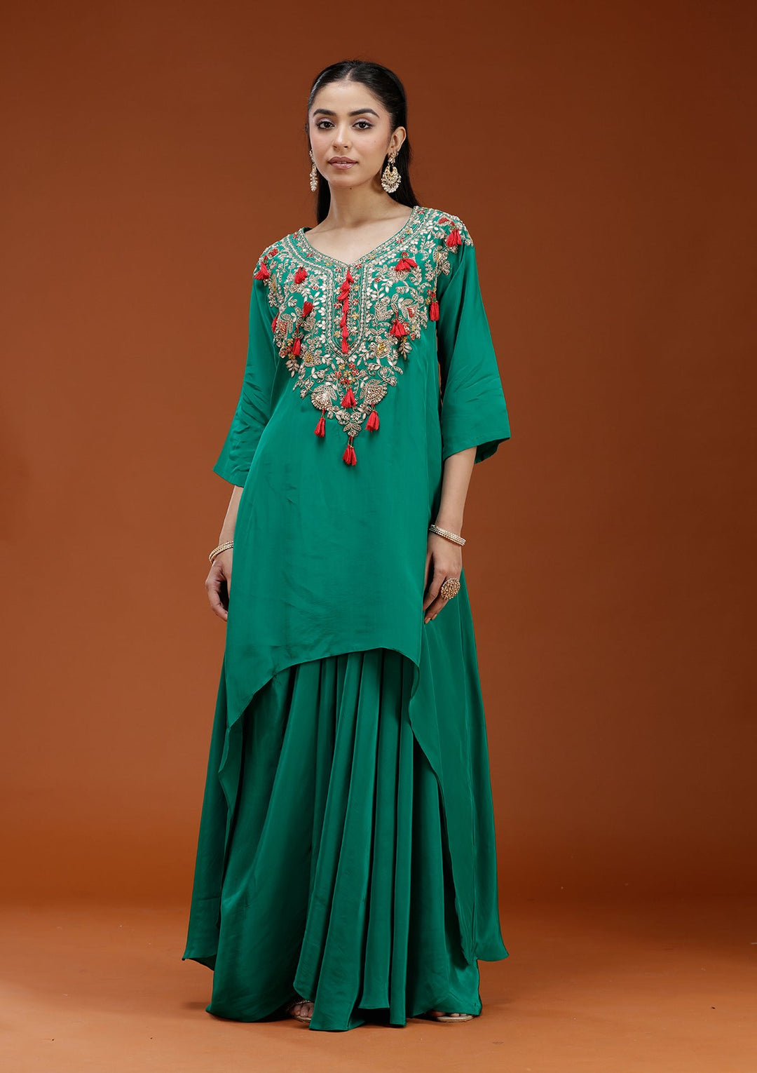 Rama Green Cording Satin Readymade Salwar Suit_koskii