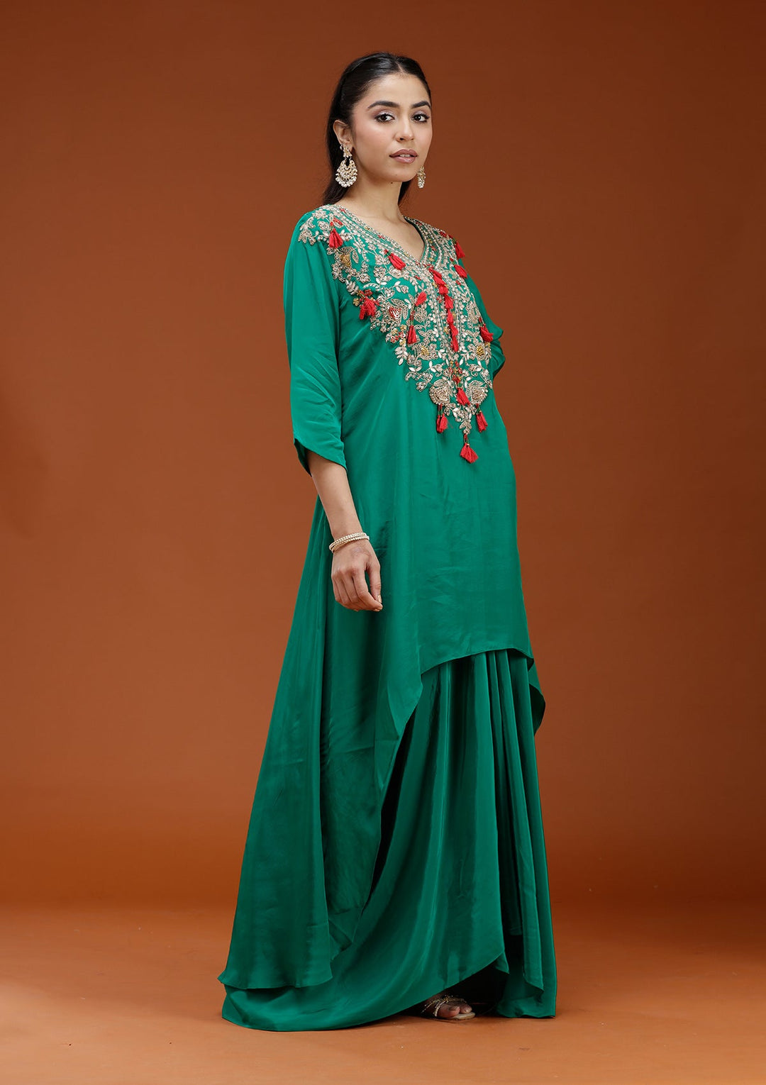 Rama Green Cording Satin Readymade Salwar Suit_koskii