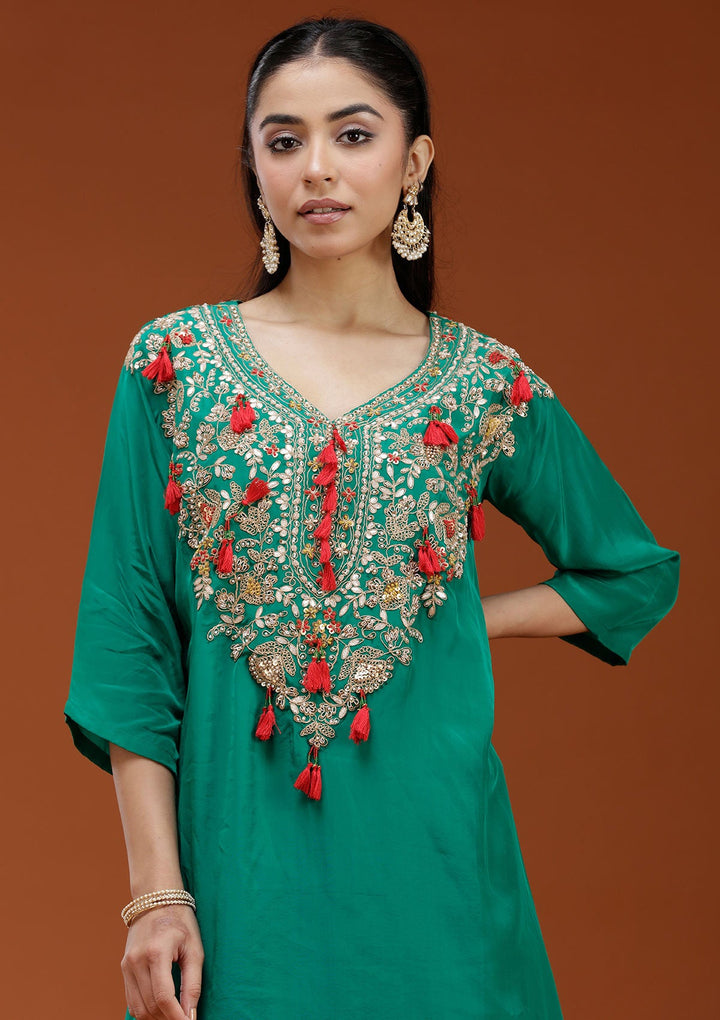 Rama Green Cording Satin Readymade Salwar Suit_koskii