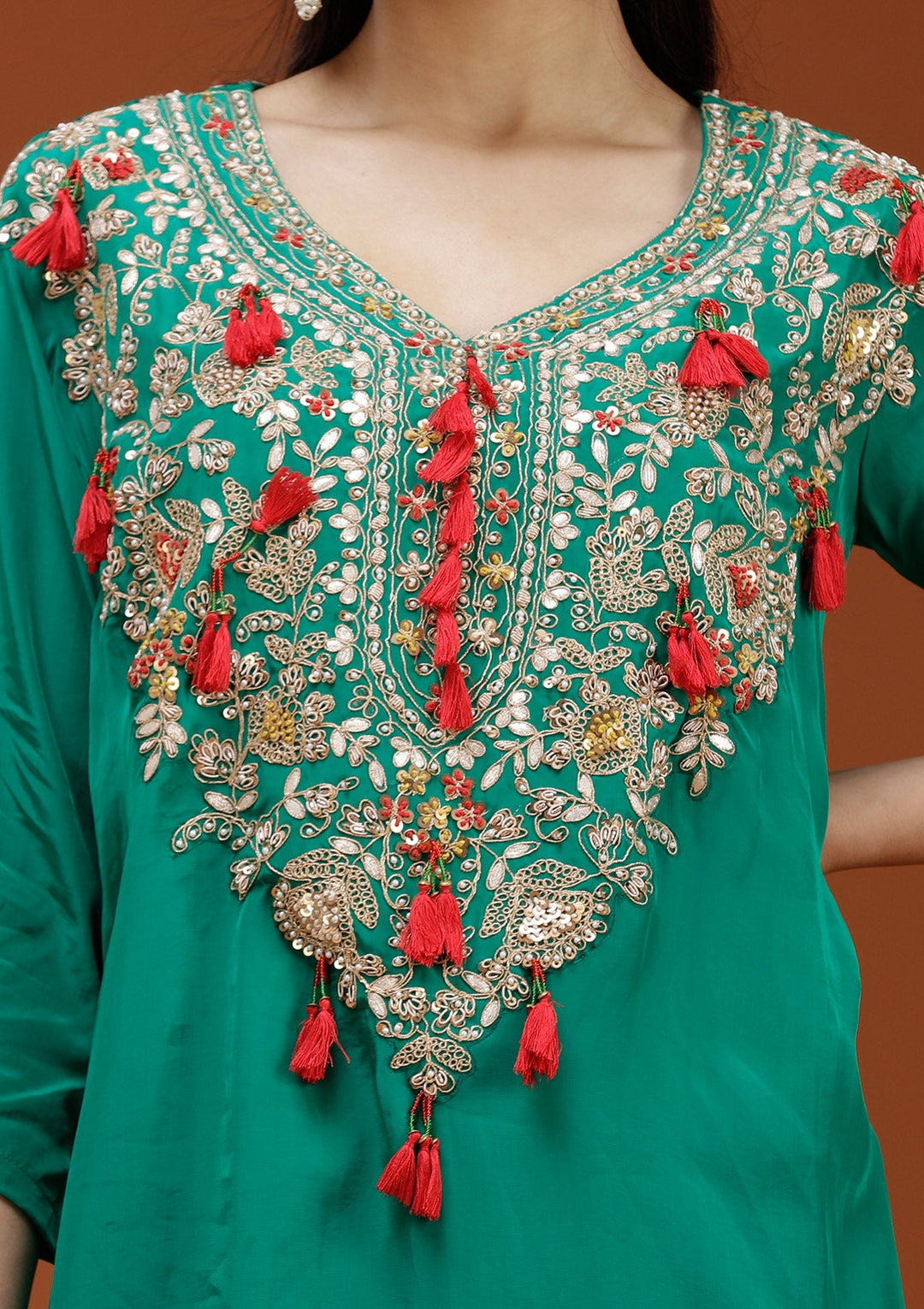 Rama Green Cording Satin Readymade Salwar Suit_koskii