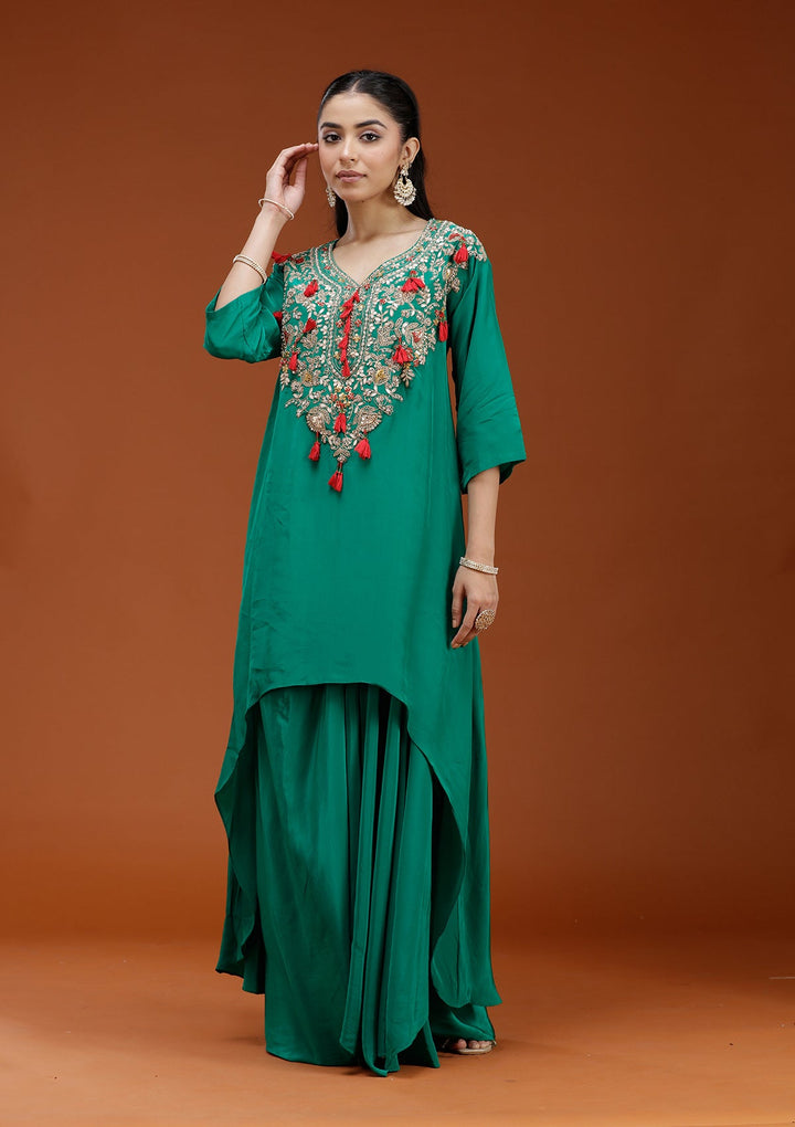 Rama Green Cording Satin Readymade Salwar Suit_koskii