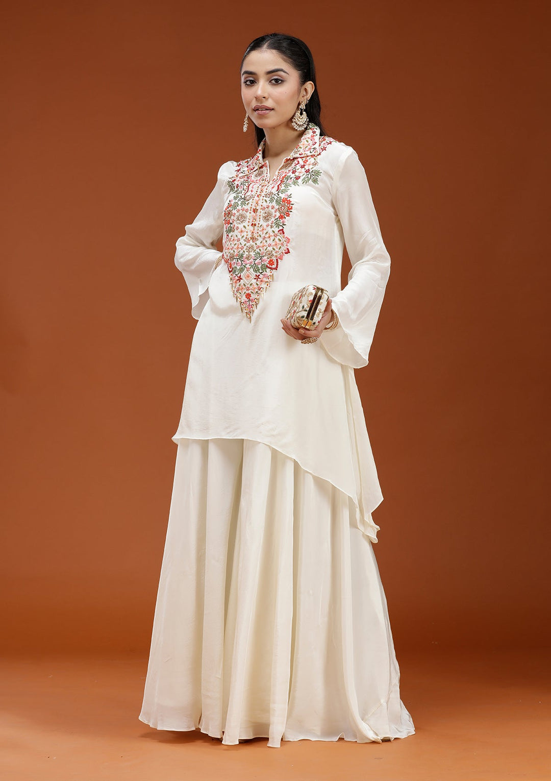 Off White Threadwork Satin Readymade Salwar Suit_koskii