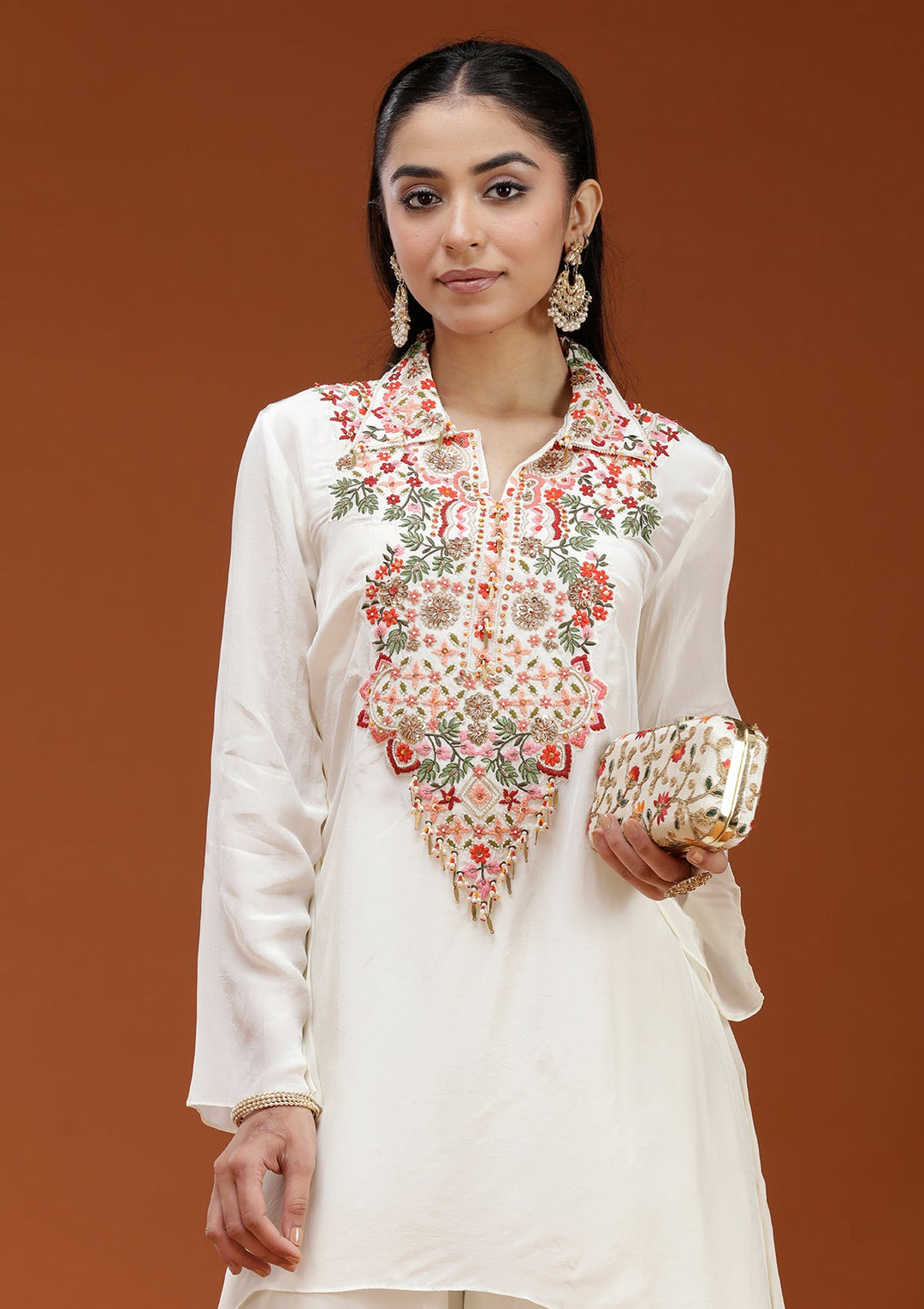 Off White Threadwork Satin Readymade Salwar Suit_koskii