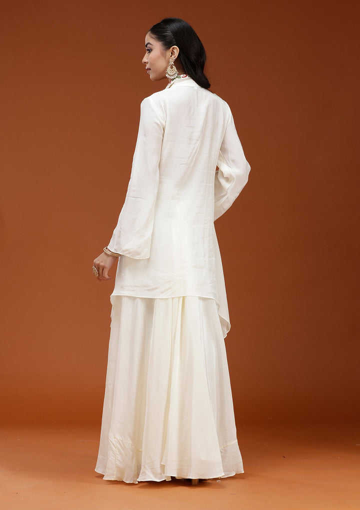 Off White Threadwork Satin Readymade Salwar Suit_koskii