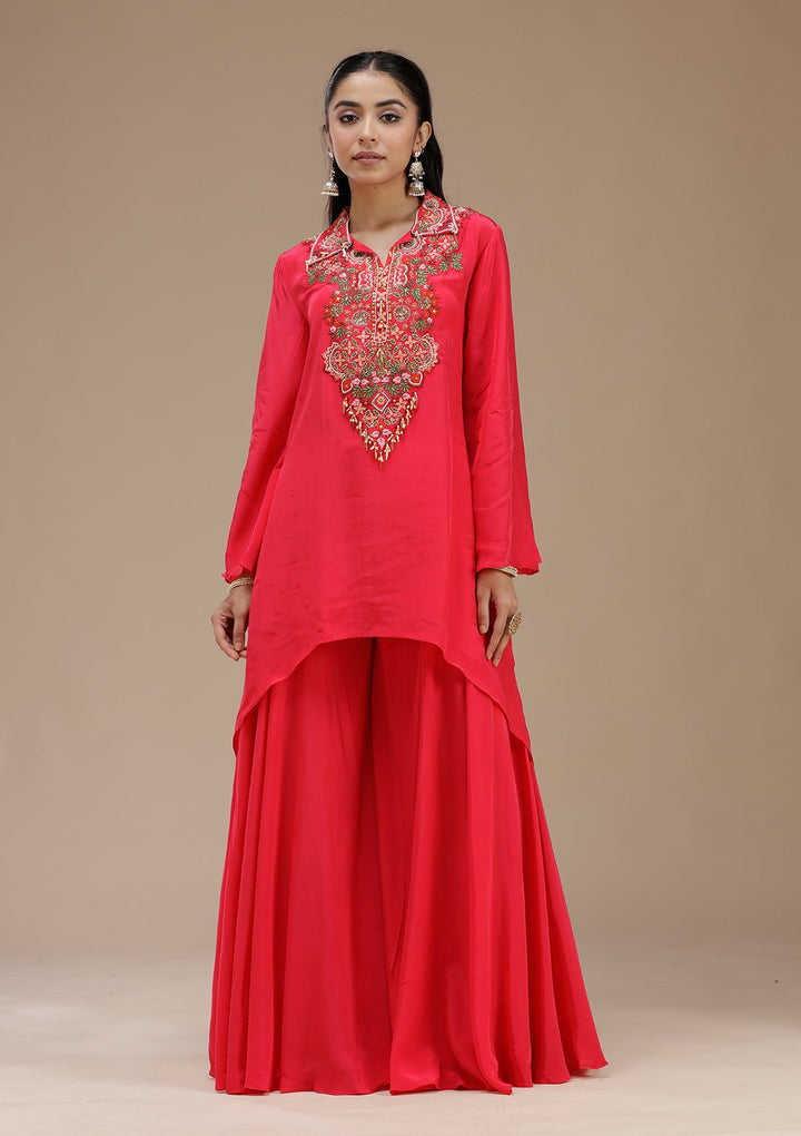 Rani Pink Threadwork Satin Readymade Salwar Suit_koskii
