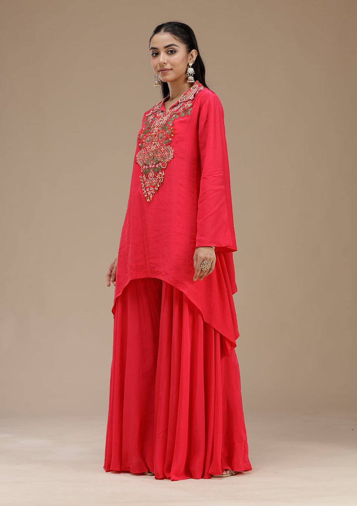 Rani Pink Threadwork Satin Readymade Salwar Suit_koskii