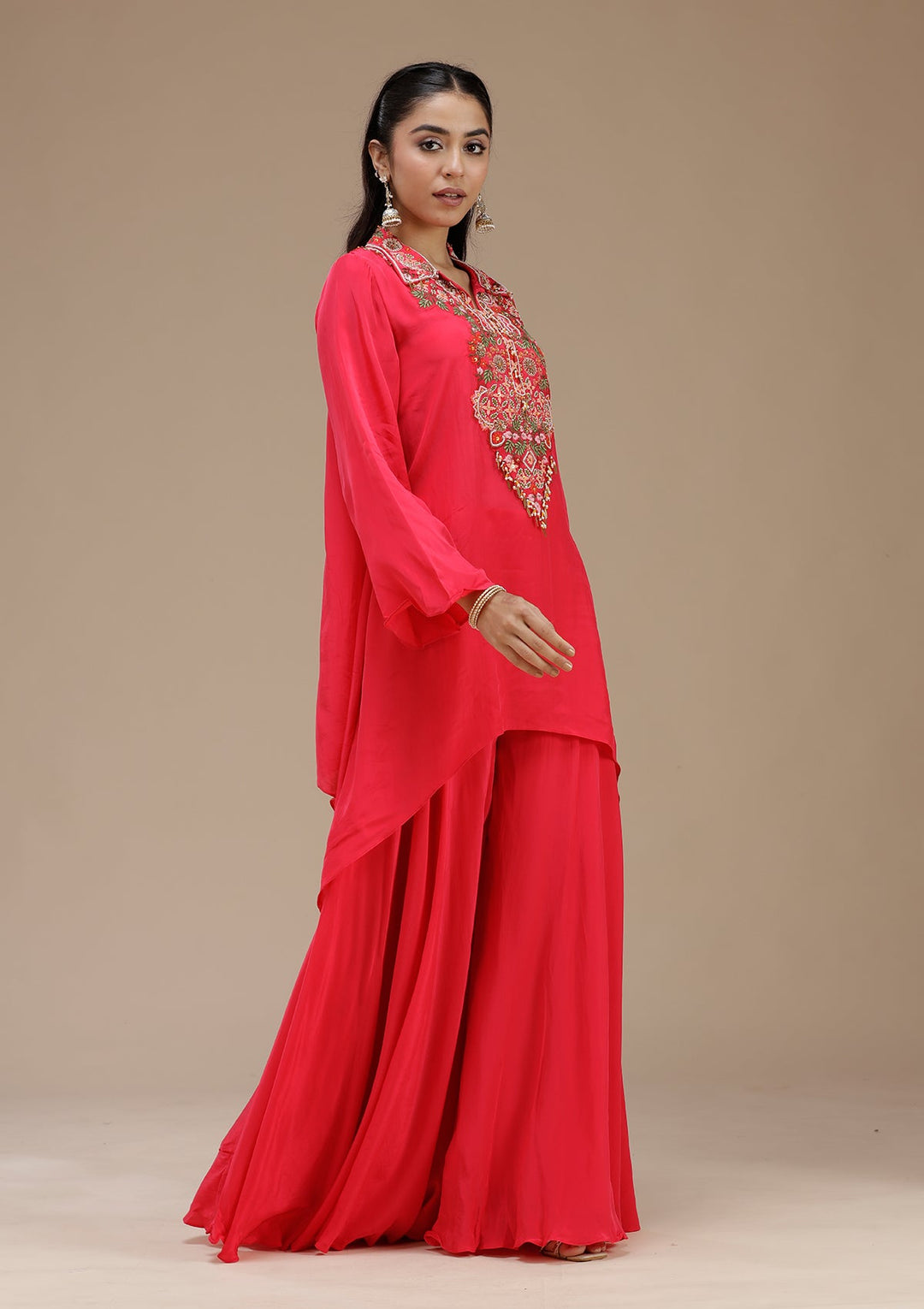 Rani Pink Threadwork Satin Readymade Salwar Suit_koskii