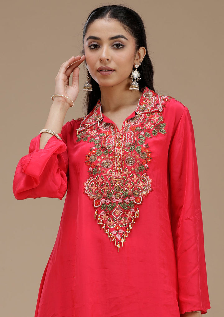 Rani Pink Threadwork Satin Readymade Salwar Suit_koskii