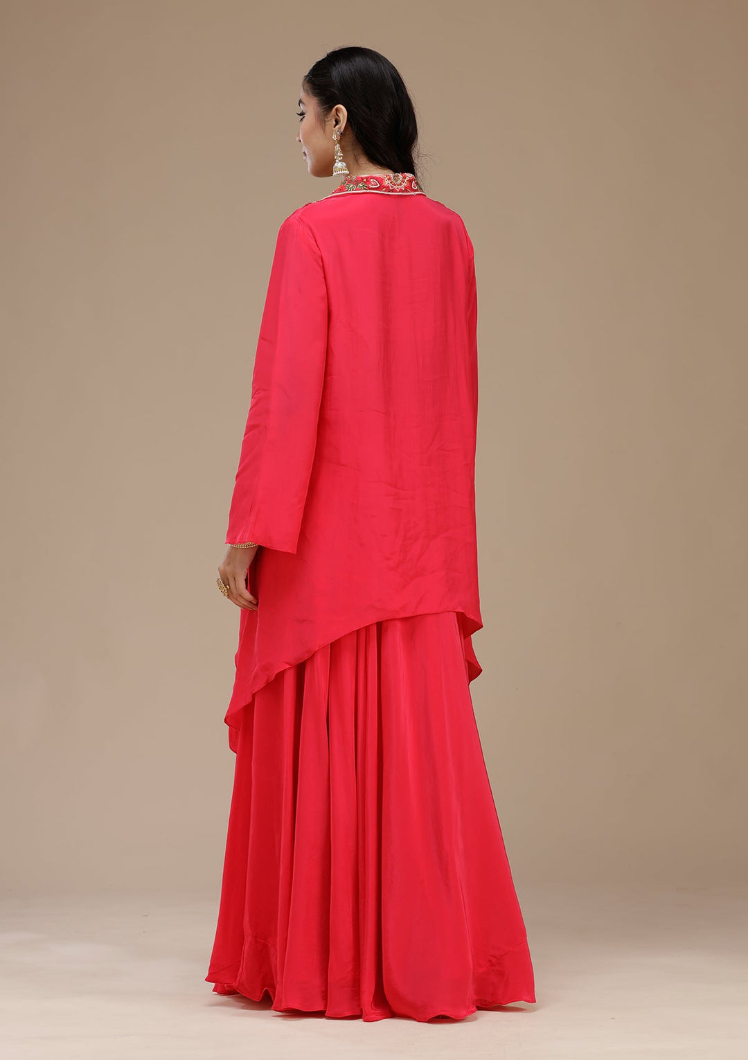 Rani Pink Threadwork Satin Readymade Salwar Suit_koskii