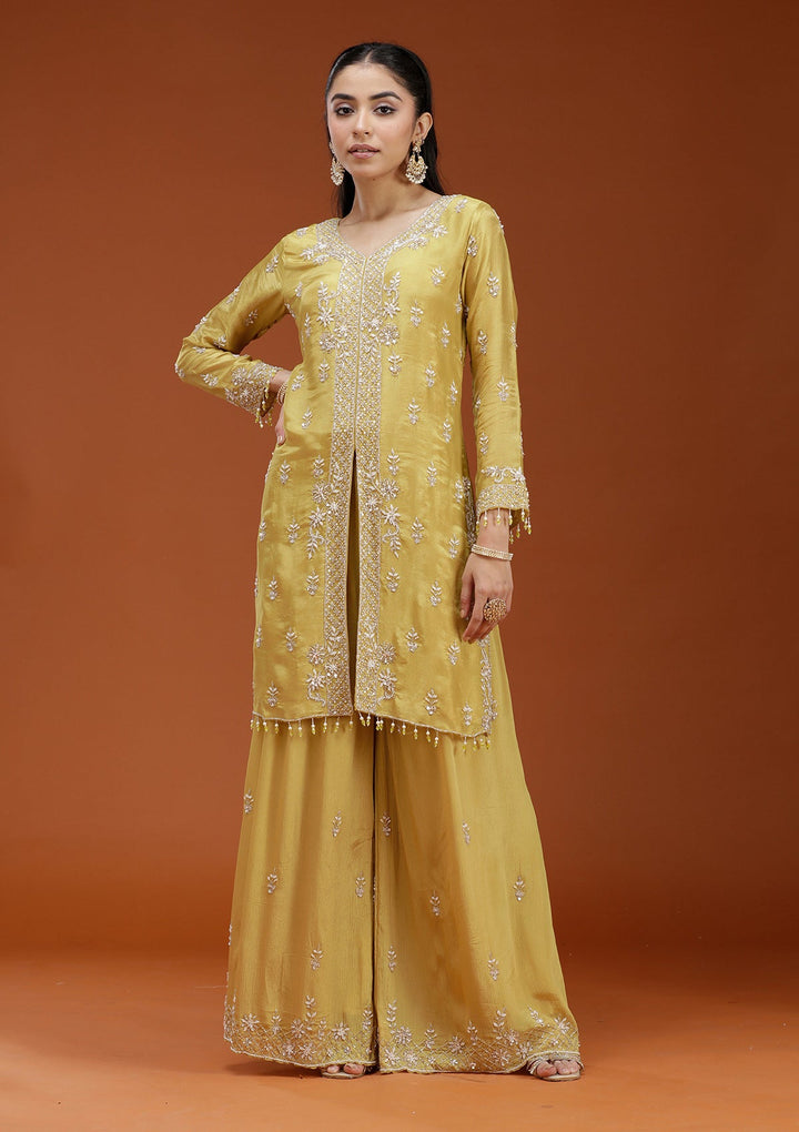 Yellow Cutdana Crepe Readymade Salwar Suit-koskii