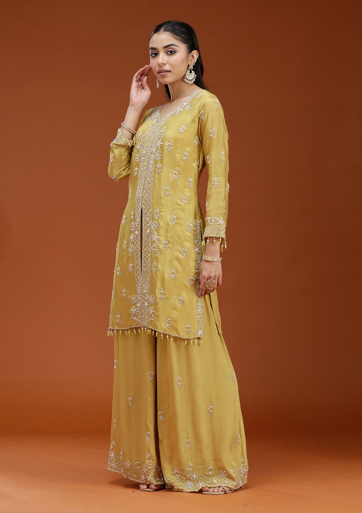 Yellow Cutdana Crepe Readymade Salwar Suit-koskii