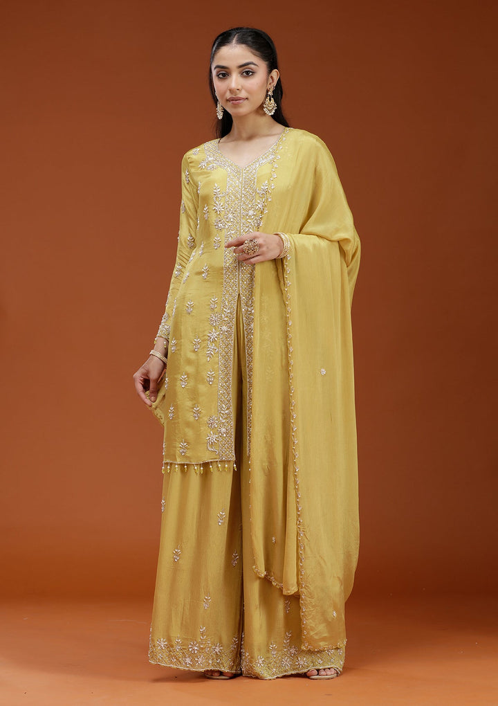Yellow Cutdana Crepe Readymade Salwar Suit-koskii