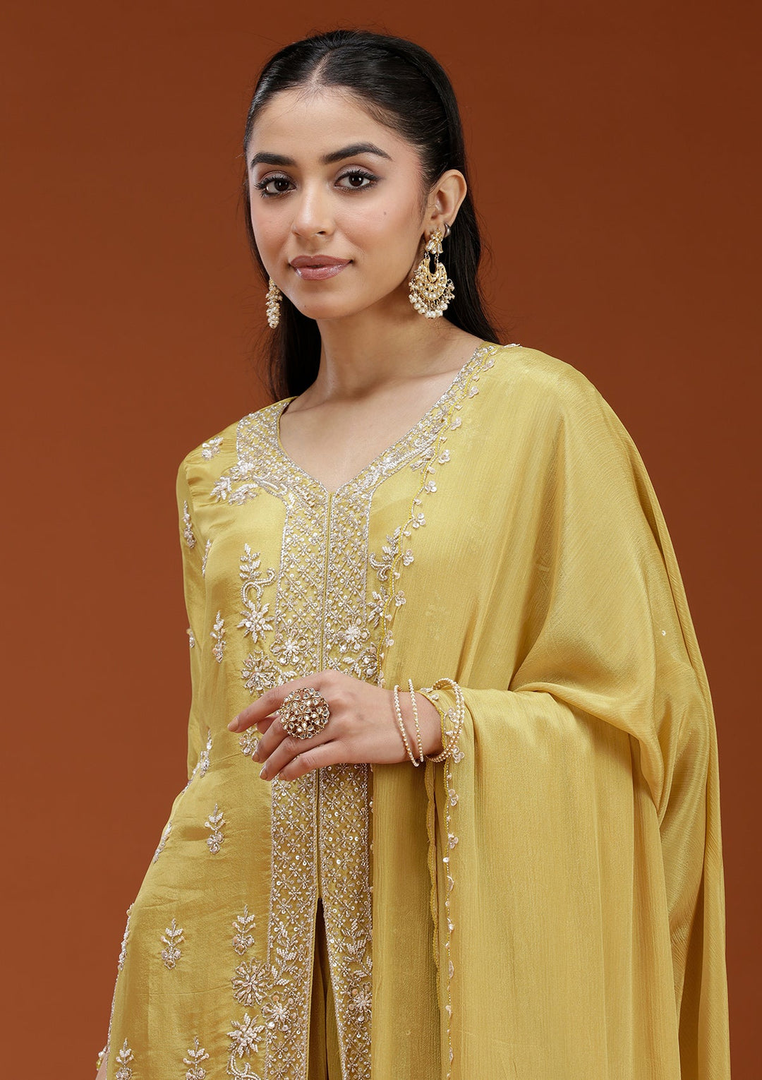 Yellow Cutdana Crepe Readymade Salwar Suit-koskii