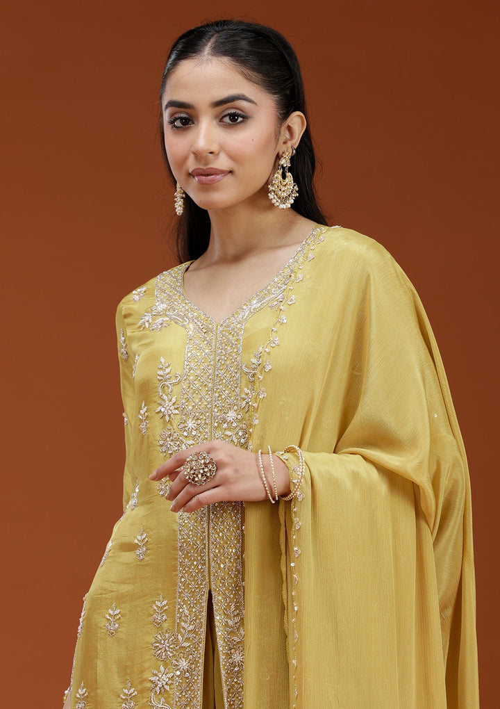 Yellow Cutdana Crepe Readymade Salwar Suit-koskii