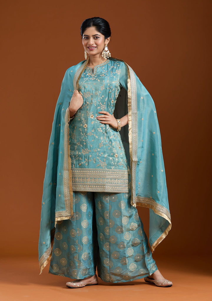 Turquoise Blue Pitawork Tissue Readymade Salwar Suit-Koskii